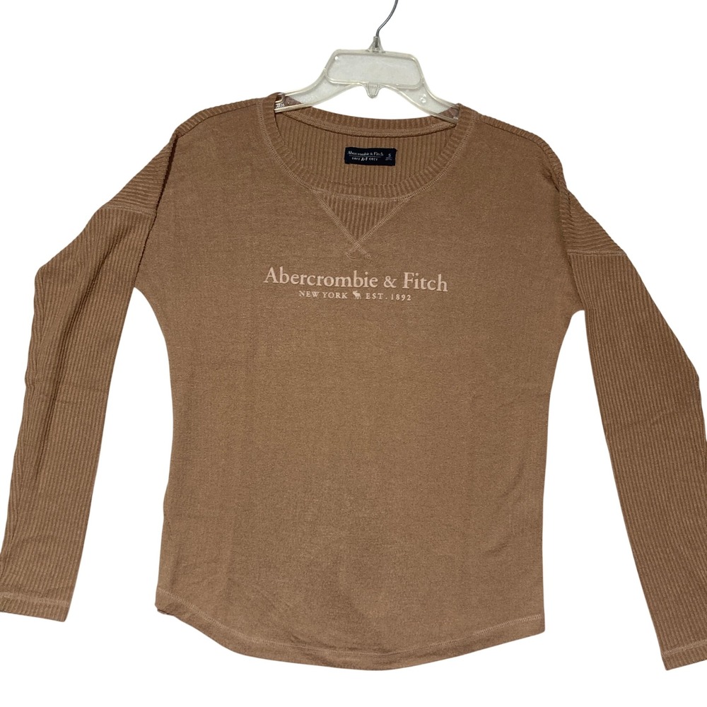 Abercrombie Fitch Womens Soft Cozy Long Sleeve Spell Out Sweater Top S Brown